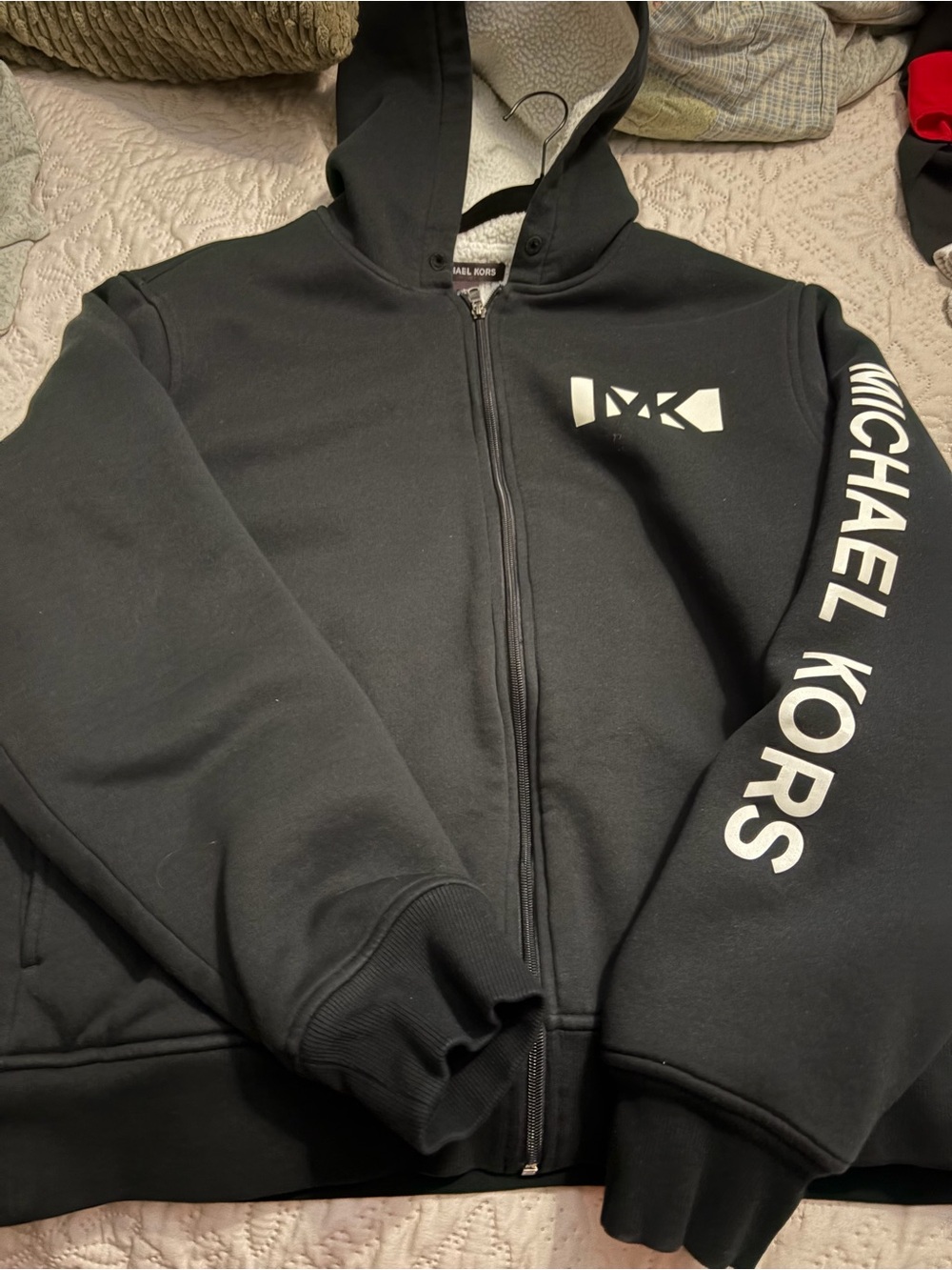 Michael Kors Black Zip-Up Hoodie with White Logo Sleeve missing hood string